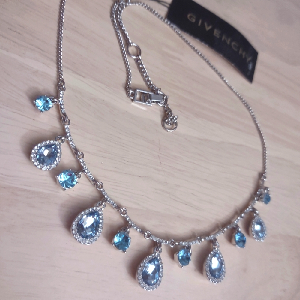 Givenchy Sparkling Teardrop Blue Crystal Silver Necklace Y2K